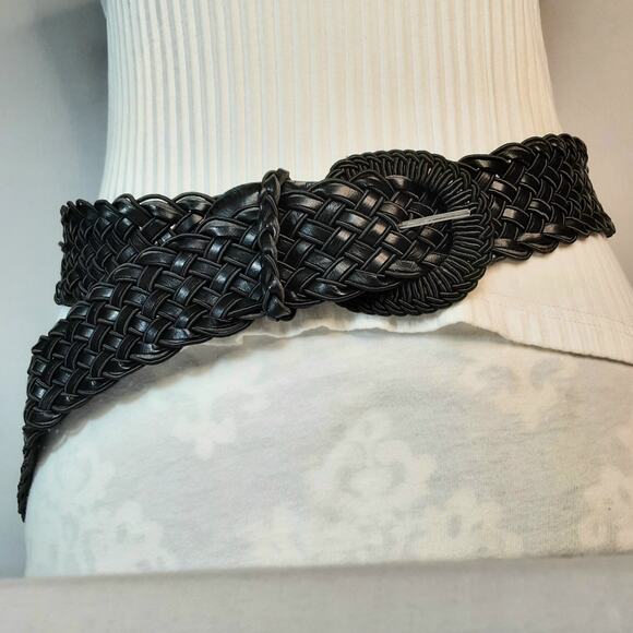 Wide Black Braided Fashion Belt Large Waist Round Wound Buckle - Picture 2 of 11